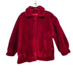 Vintage 80s 90s Lilli Ann Faux Fur Bomber Jacket Coat Womens MED Red Pockets Zip
